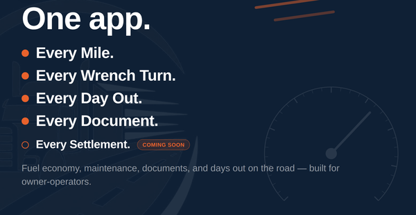 RoadDesk — one app for every mile, every wrench turn, every day out, and every document. Settlement tracking coming soon.
